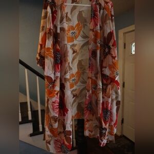 Floral Kimono with Vibrant Colors Size Large Open Front Length 36"
